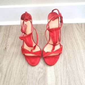 Tony Bianco Red Strappy Faux Suede Heels Clear Heel Block Size: 7 Pre-Owned